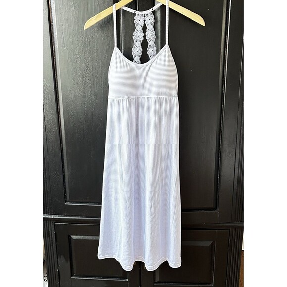 Laura Ashley Dresses & Skirts - Laura Ashley Nightgown Dress Size Large Blue White Stripe Lace Back Cottagecore